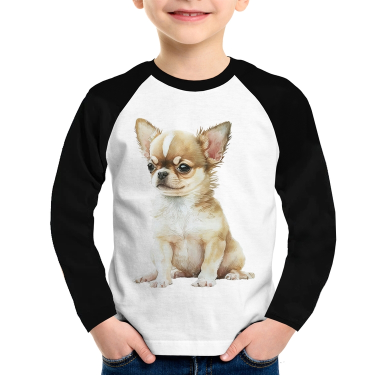 Camiseta Raglan Infantil Cachorro Chihuahua Manga Longa