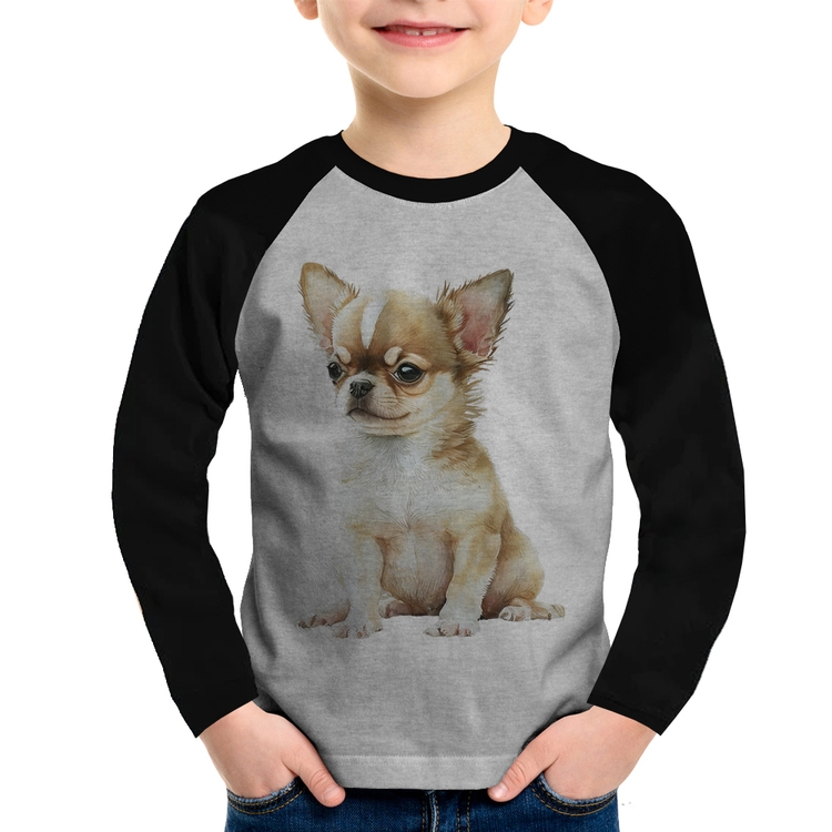 Camiseta Raglan Infantil Cachorro Chihuahua Manga Longa - Cinza/Preto