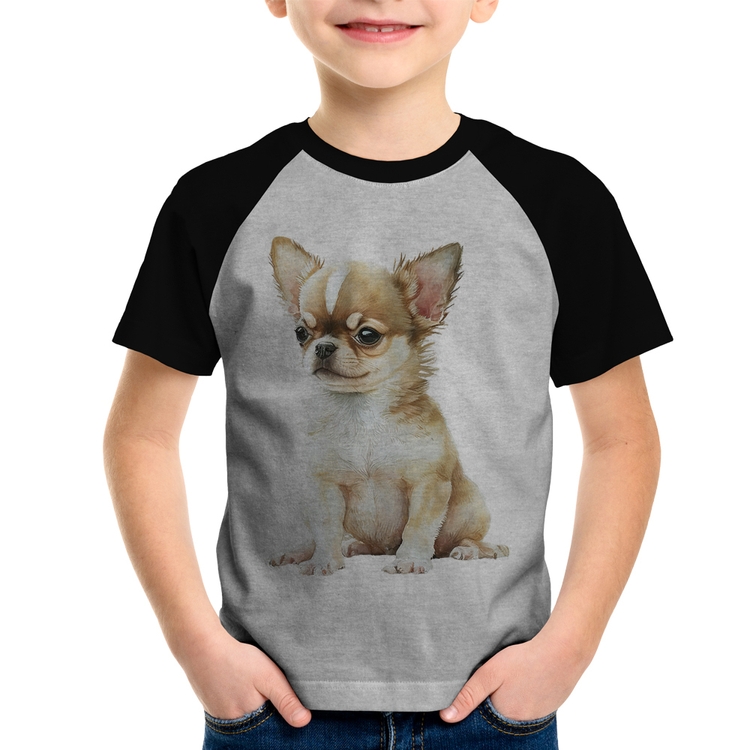 Camiseta Raglan Infantil Cachorro Chihuahua - Cinza/Preto