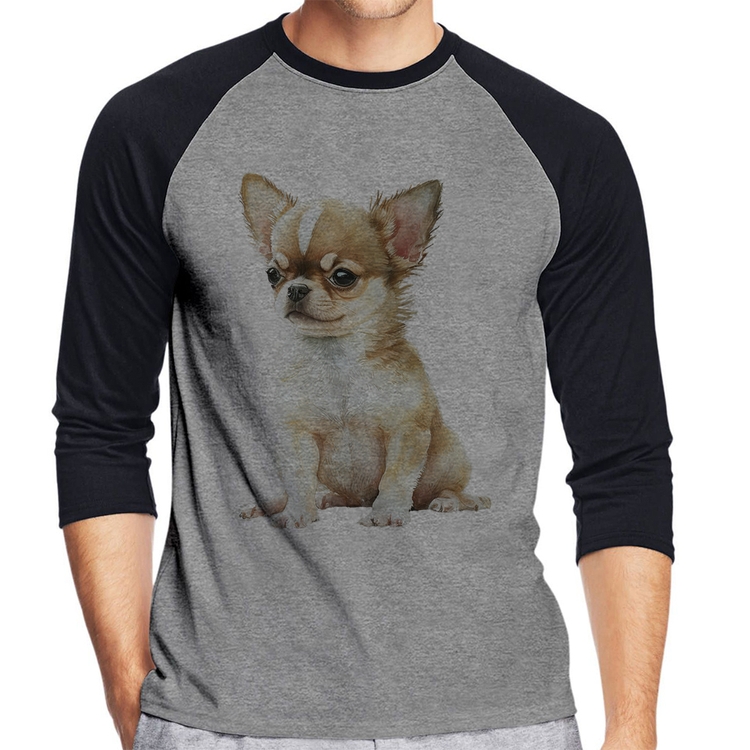 Camiseta Raglan Cachorro Chihuahua Manga 3/4 - Cinza/Preto