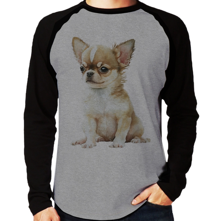Camiseta Raglan Cachorro Chihuahua Manga Longa - Cinza/Preto