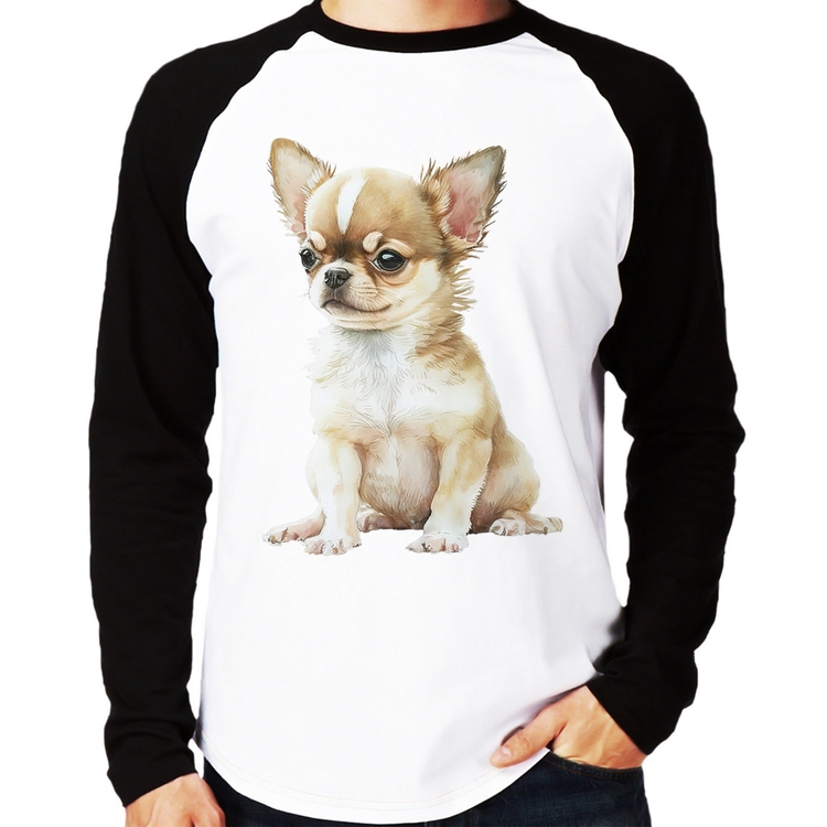 Camiseta Raglan Cachorro Chihuahua Manga Longa