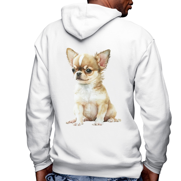 Blusa Moletom Cachorro Chihuahua Masculina com Capuz e Zíper - Branca