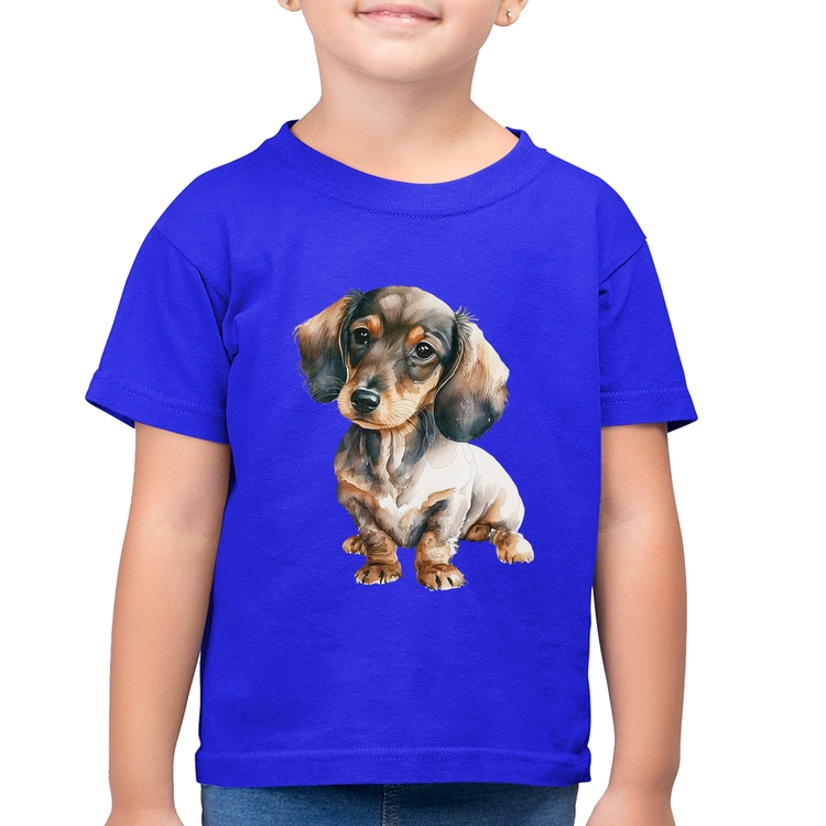 Camiseta Algodão Infantil Cachorro Dachshund - Azul Royal
