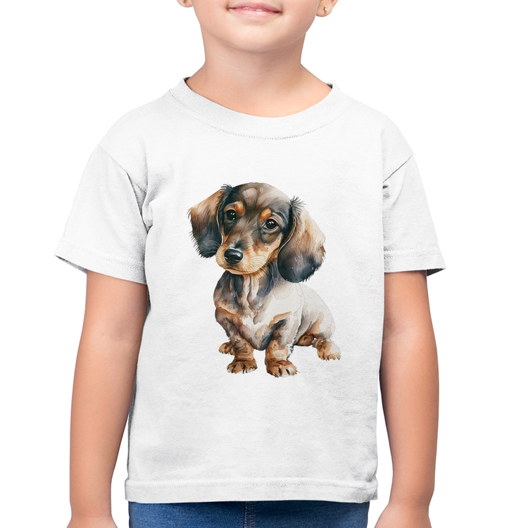 Camiseta Algodão Infantil Cachorro Dachshund - Branca
