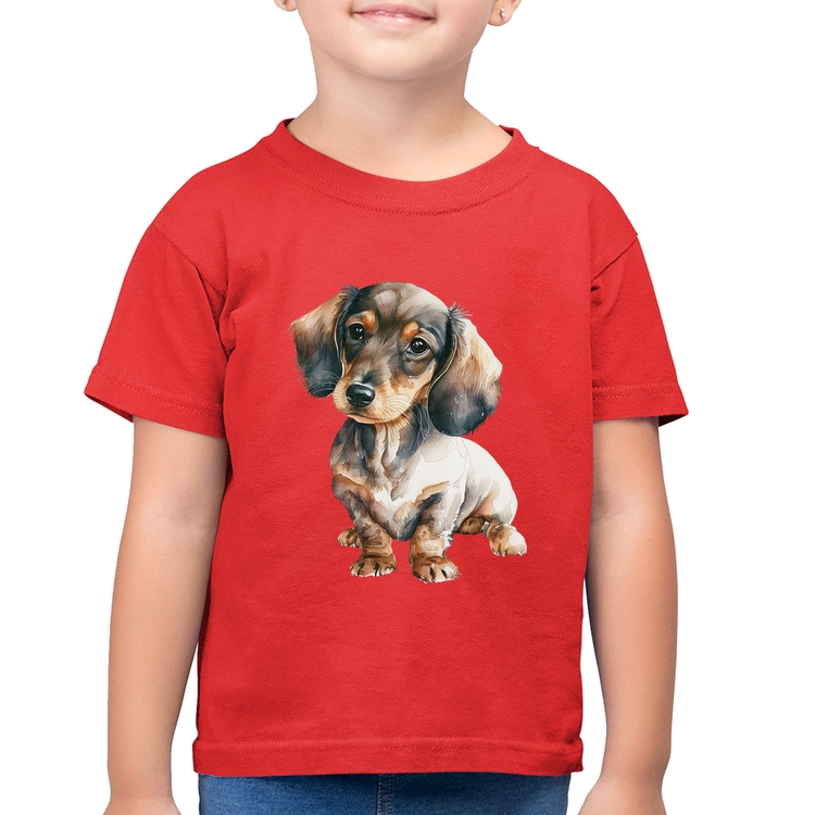 Camiseta Algodão Infantil Cachorro Dachshund - Vermelha