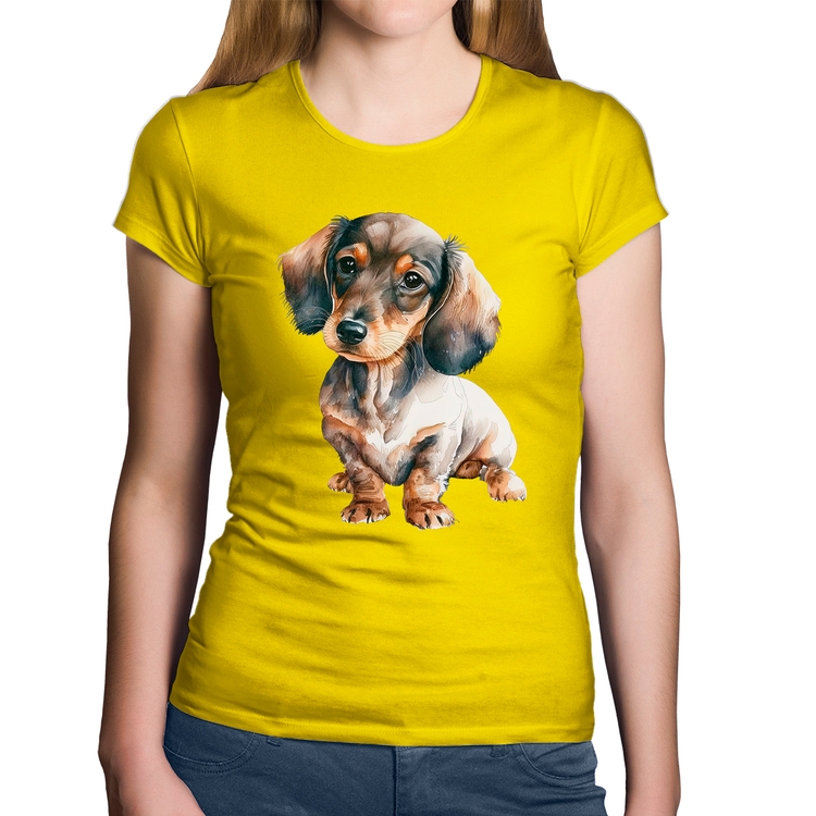 Baby Look Algodão Cachorro Dachshund - Amarela