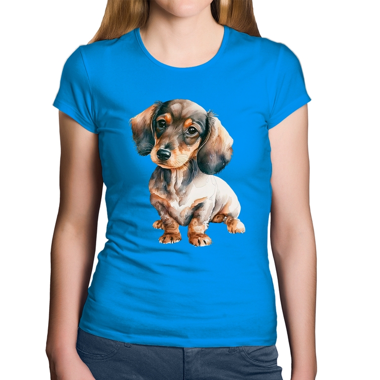 Baby Look Algodão Cachorro Dachshund - Azul