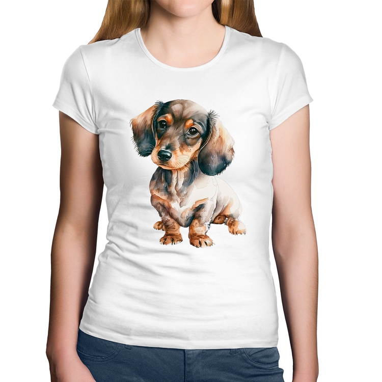 Baby Look Algodão Cachorro Dachshund - Branca