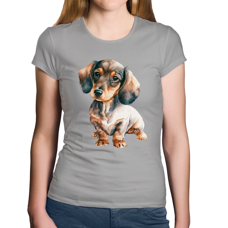 Baby Look Algodão Cachorro Dachshund - Cinza