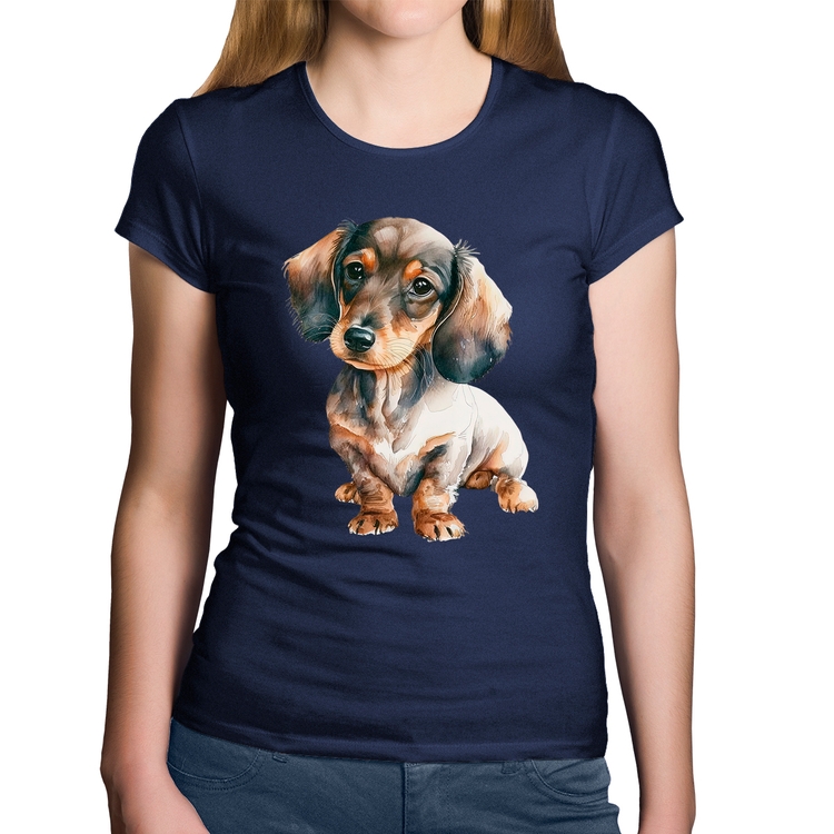 Baby Look Algodão Cachorro Dachshund - Marinho