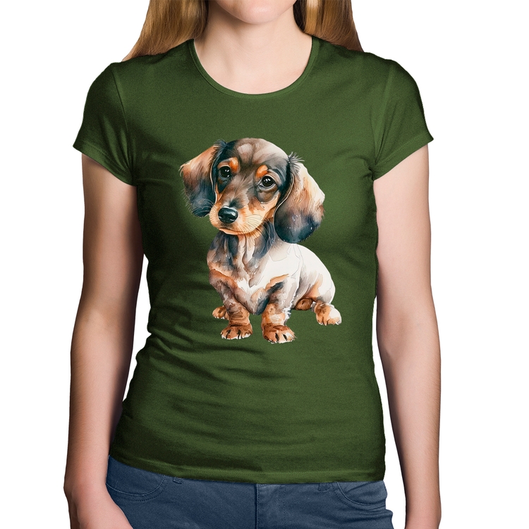 Baby Look Algodão Cachorro Dachshund - Musgo