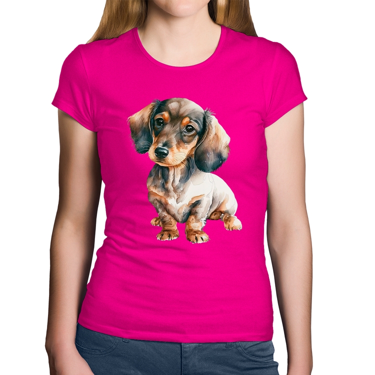 Baby Look Algodão Cachorro Dachshund - Rosa