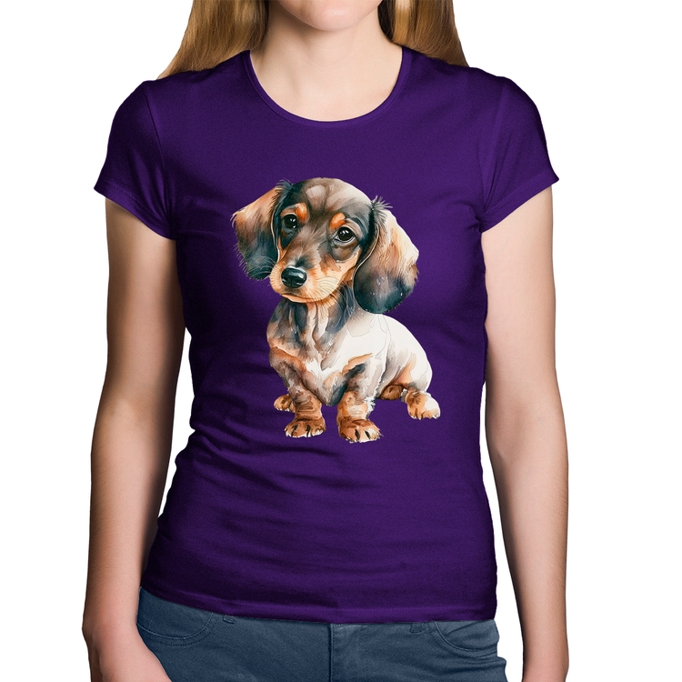 Baby Look Algodão Cachorro Dachshund - Roxa