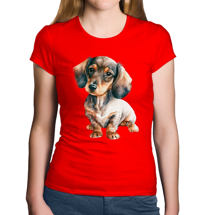 Baby Look Algodão Cachorro Dachshund - Vermelha