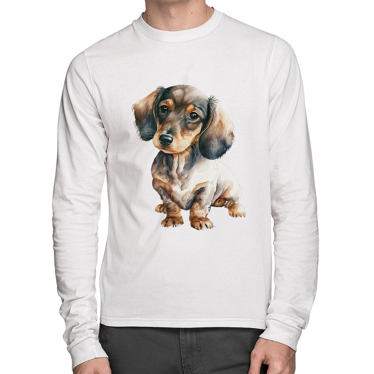 Camiseta Algodão Cachorro Dachshund Manga Longa - Branca