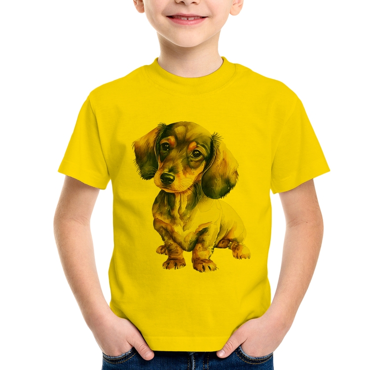 Camiseta Infantil Cachorro Dachshund - Amarela