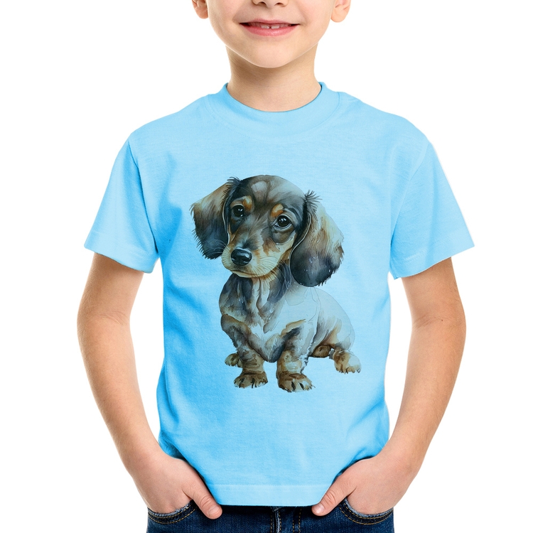 Camiseta Infantil Cachorro Dachshund - Azul Bebê