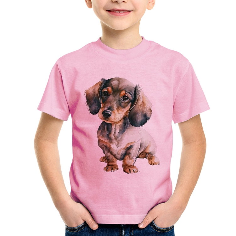Camiseta Infantil Cachorro Dachshund - Rosa Bebê