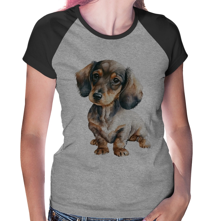 Baby Look Raglan Cachorro Dachshund - Cinza/Preto