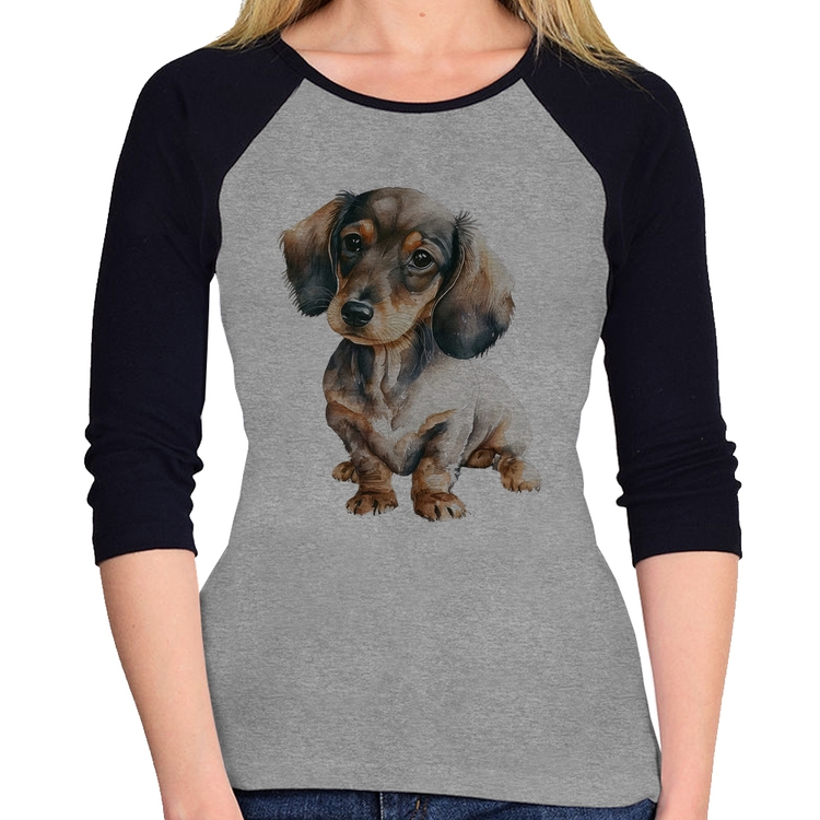 Baby Look Raglan Cachorro Dachshund Manga 3/4 - Cinza/Preto