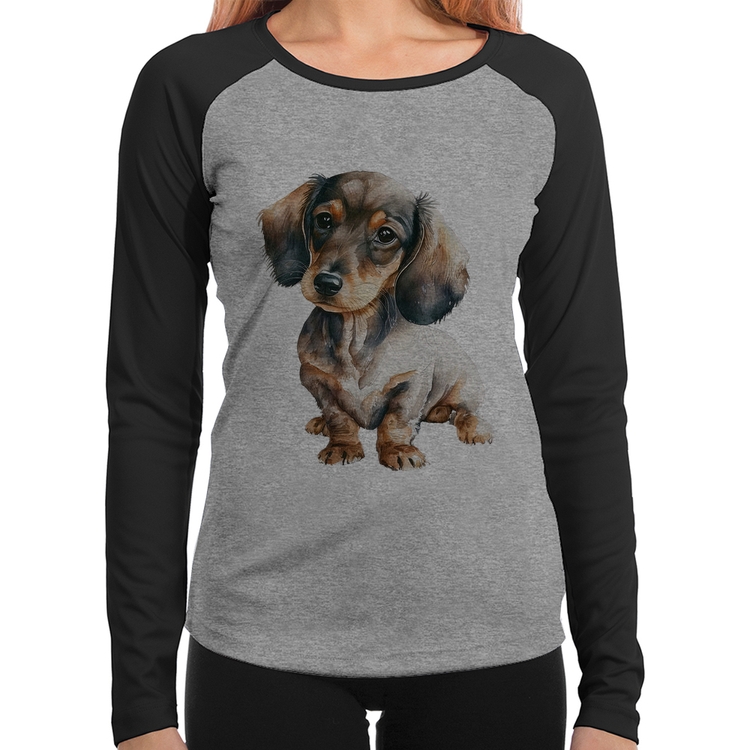 Baby Look Raglan Cachorro Dachshund Manga Longa - Cinza/Preto