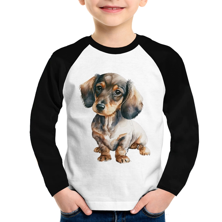 Camiseta Raglan Infantil Cachorro Dachshund Manga Longa