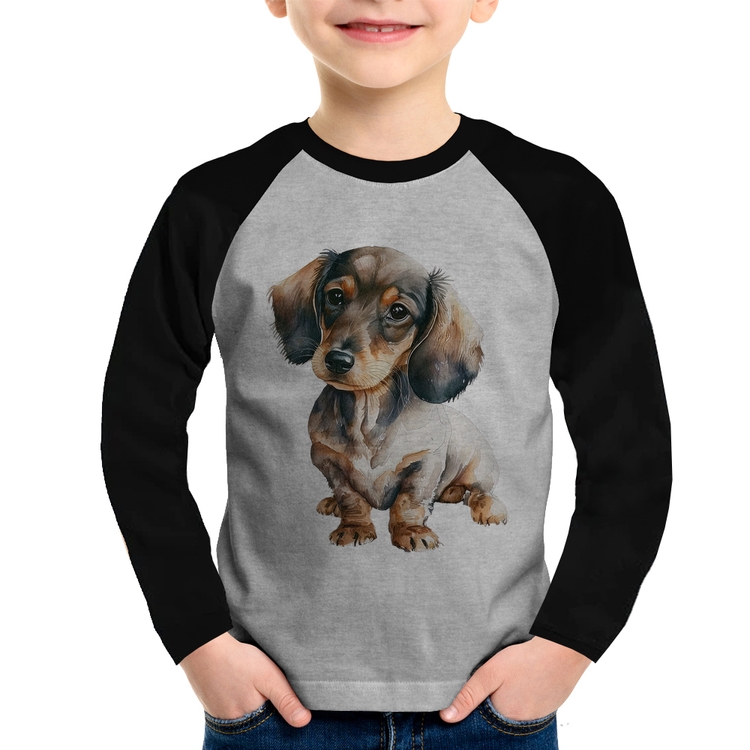 Camiseta Raglan Infantil Cachorro Dachshund Manga Longa - Cinza/Preto