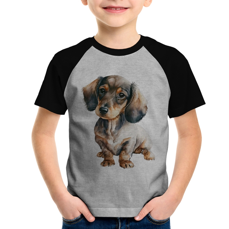 Camiseta Raglan Infantil Cachorro Dachshund - Cinza/Preto
