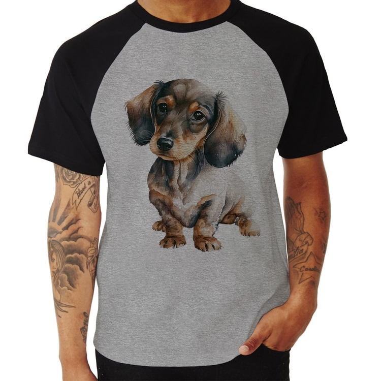 Camiseta Raglan Cachorro Dachshund - Cinza/Preto