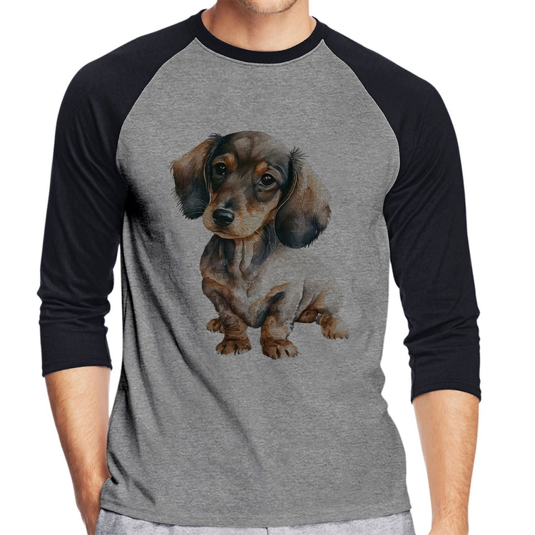 Camiseta Raglan Cachorro Dachshund Manga 3/4 - Cinza/Preto