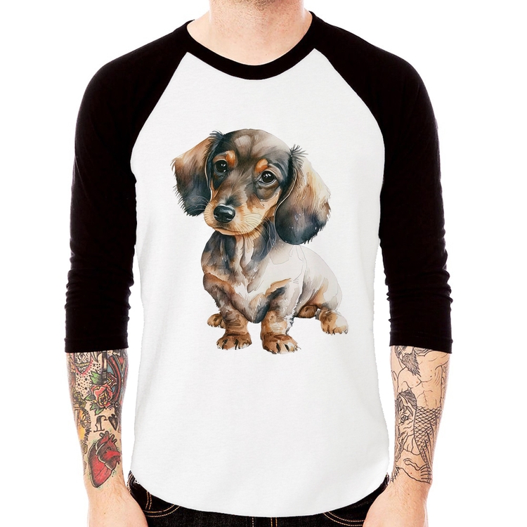 Camiseta Raglan Cachorro Dachshund Manga 3/4