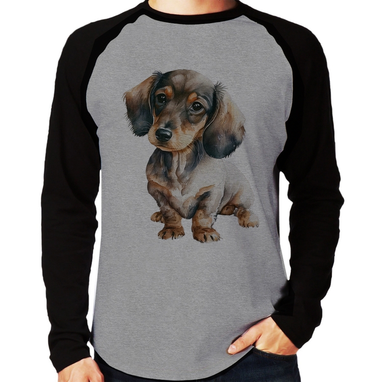 Camiseta Raglan Cachorro Dachshund Manga Longa - Cinza/Preto