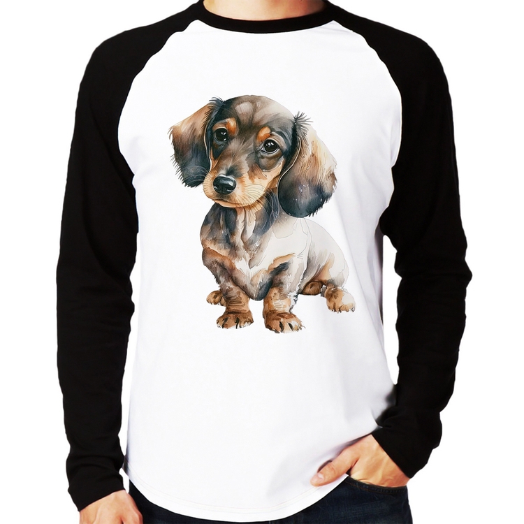 Camiseta Raglan Cachorro Dachshund Manga Longa