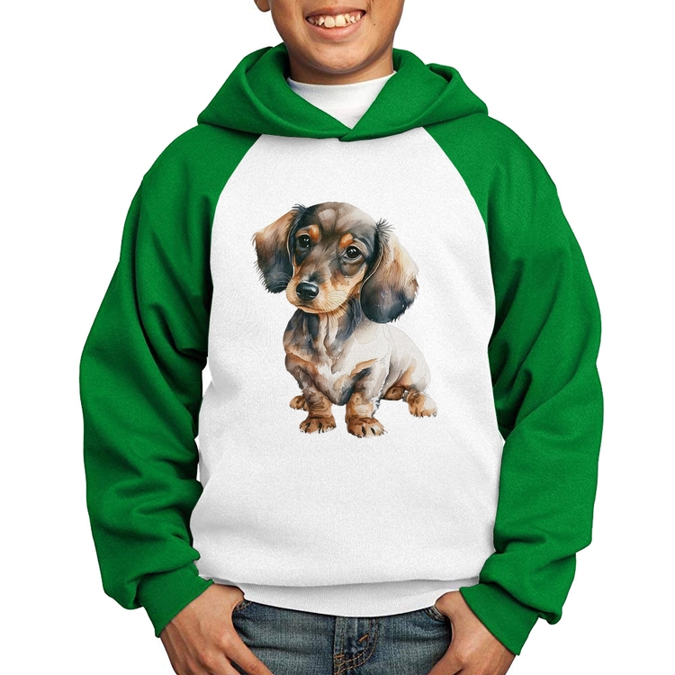 Moletom Infantil Cachorro Dachshund - Branco/Verde