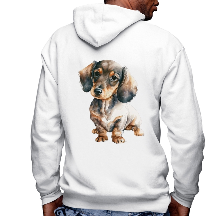 Blusa Moletom Cachorro Dachshund Masculina com Capuz e Zíper - Branca
