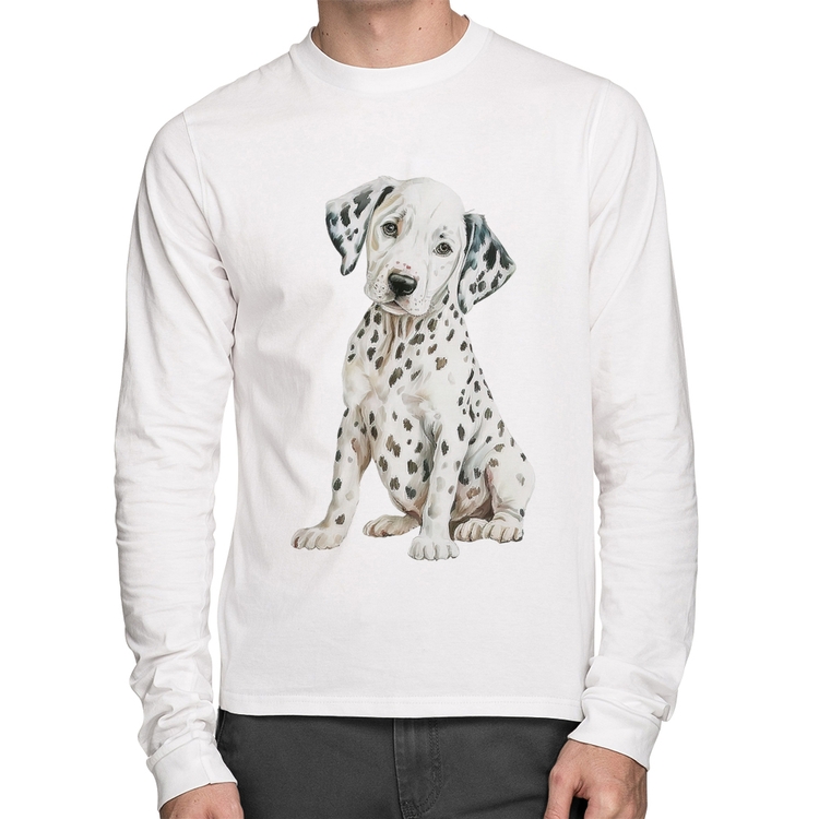 Camiseta Algodão Cachorro Dálmata Manga Longa - Branca