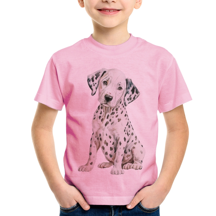 Camiseta Infantil Cachorro Dálmata - Rosa Bebê