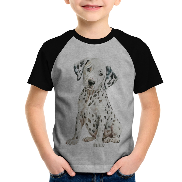 Camiseta Raglan Infantil Cachorro Dálmata - Cinza/Preto