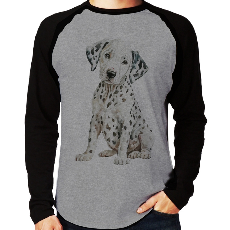 Camiseta Raglan Cachorro Dálmata Manga Longa - Cinza/Preto