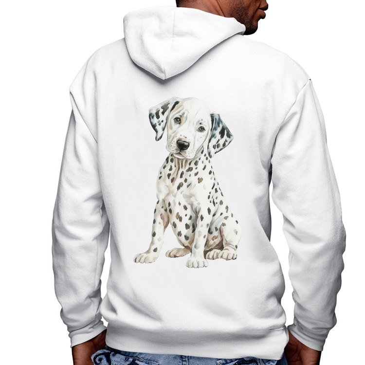 Blusa Moletom Cachorro Dálmata Masculina com Capuz e Zíper - Branca