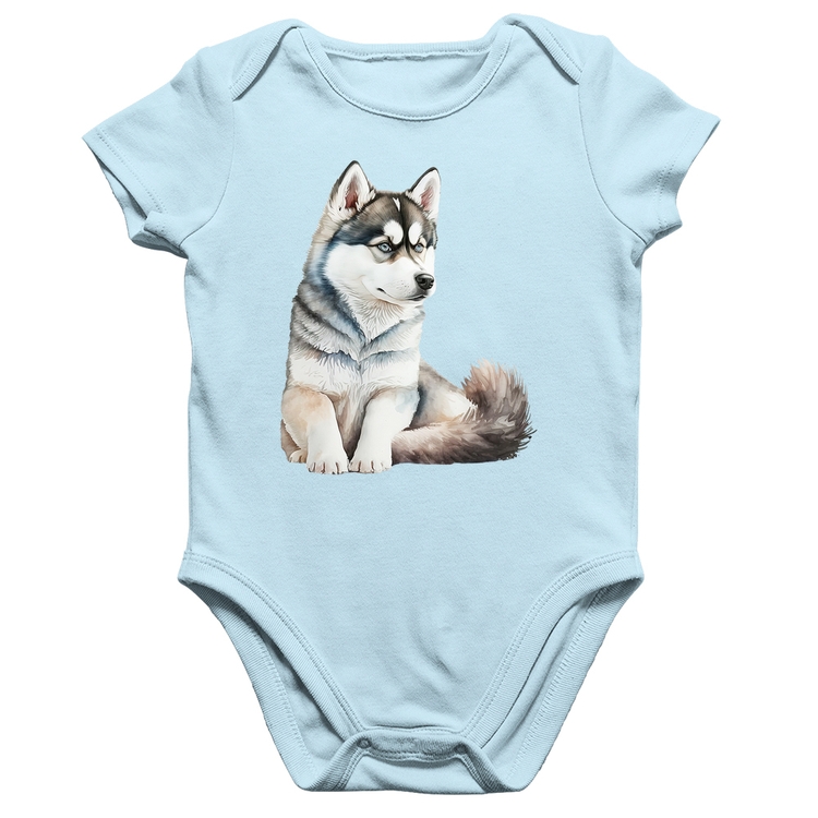Body Bebê Algodão Cachorro Husky Siberiano - Azul Bebê
