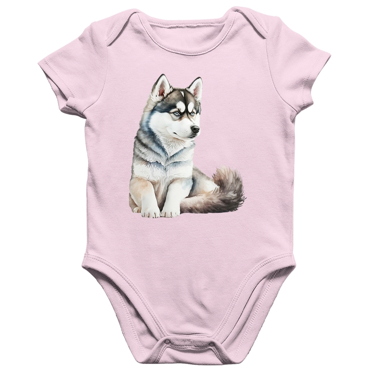 Body Bebê Algodão Cachorro Husky Siberiano - Rosa Bebê