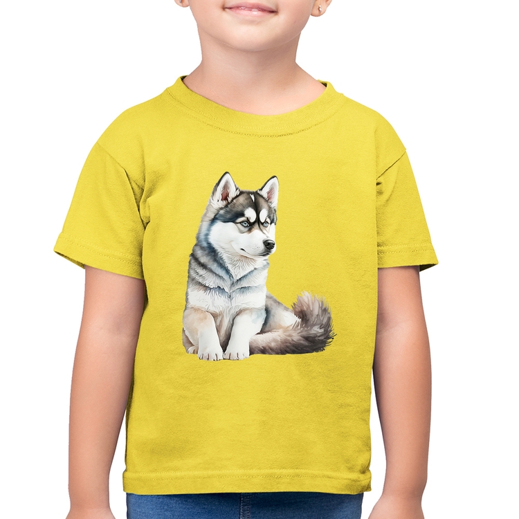 Camiseta Algodão Infantil Cachorro Husky Siberiano - Amarelo Canário