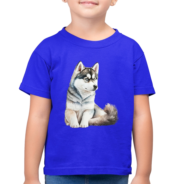 Camiseta Algodão Infantil Cachorro Husky Siberiano - Azul Royal