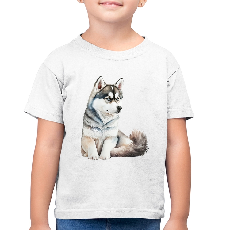 Camiseta Algodão Infantil Cachorro Husky Siberiano - Branca