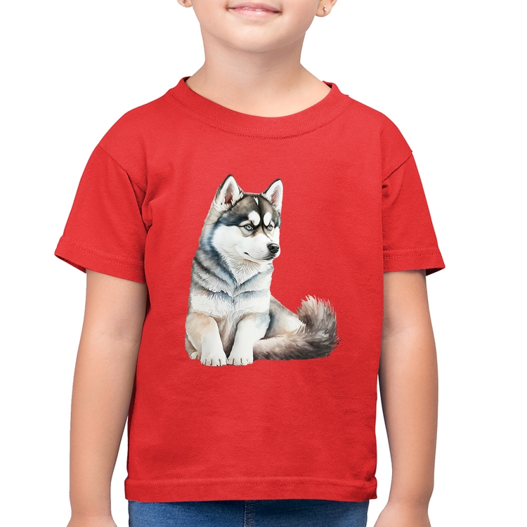 Camiseta Algodão Infantil Cachorro Husky Siberiano - Vermelha