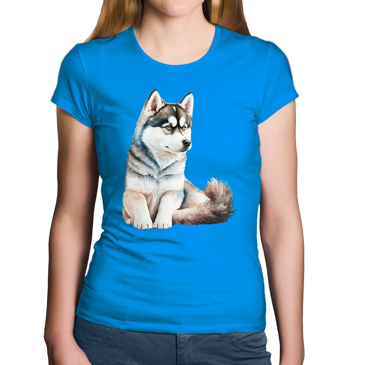 Baby Look Algodão Cachorro Husky Siberiano - Azul
