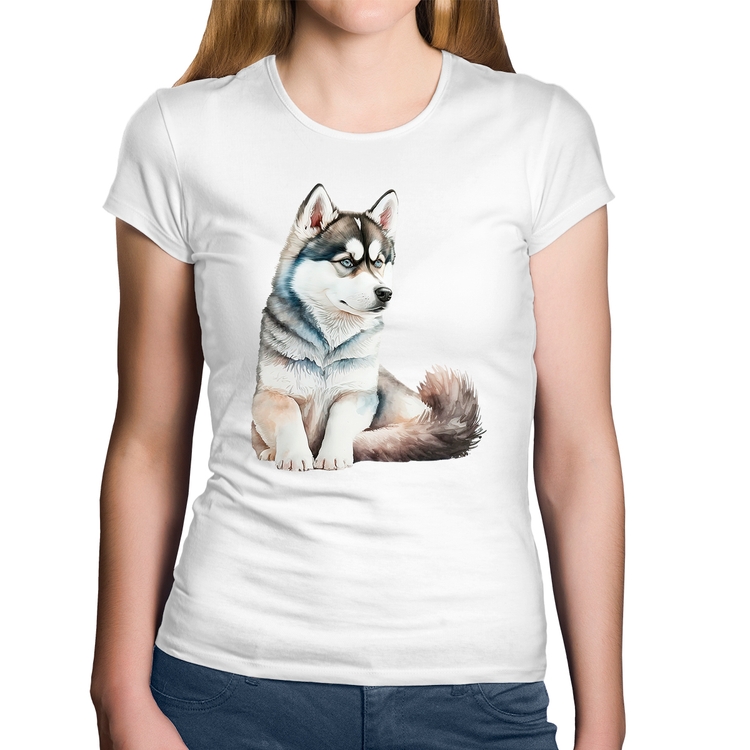 Baby Look Algodão Cachorro Husky Siberiano - Branca