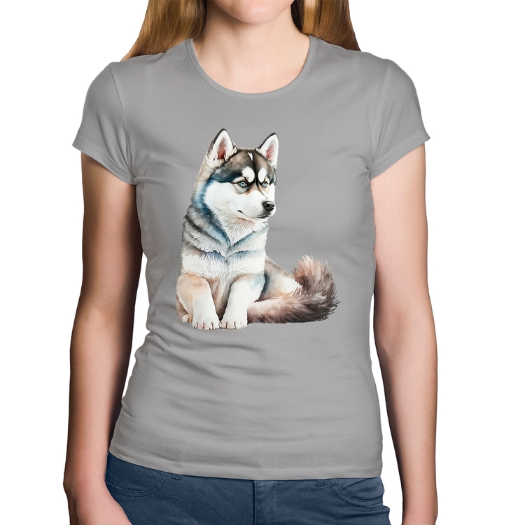 Baby Look Algodão Cachorro Husky Siberiano - Cinza